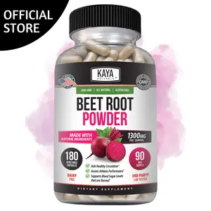 Kaya Naturals Premium Beet Root Powder | Beet Root Extract, Beetroot Nitric Oxide Booster, Non-GMO & Gluten-Free, 1300mg Per Serving - 180 Veggie Capsules - Dietary Supplement