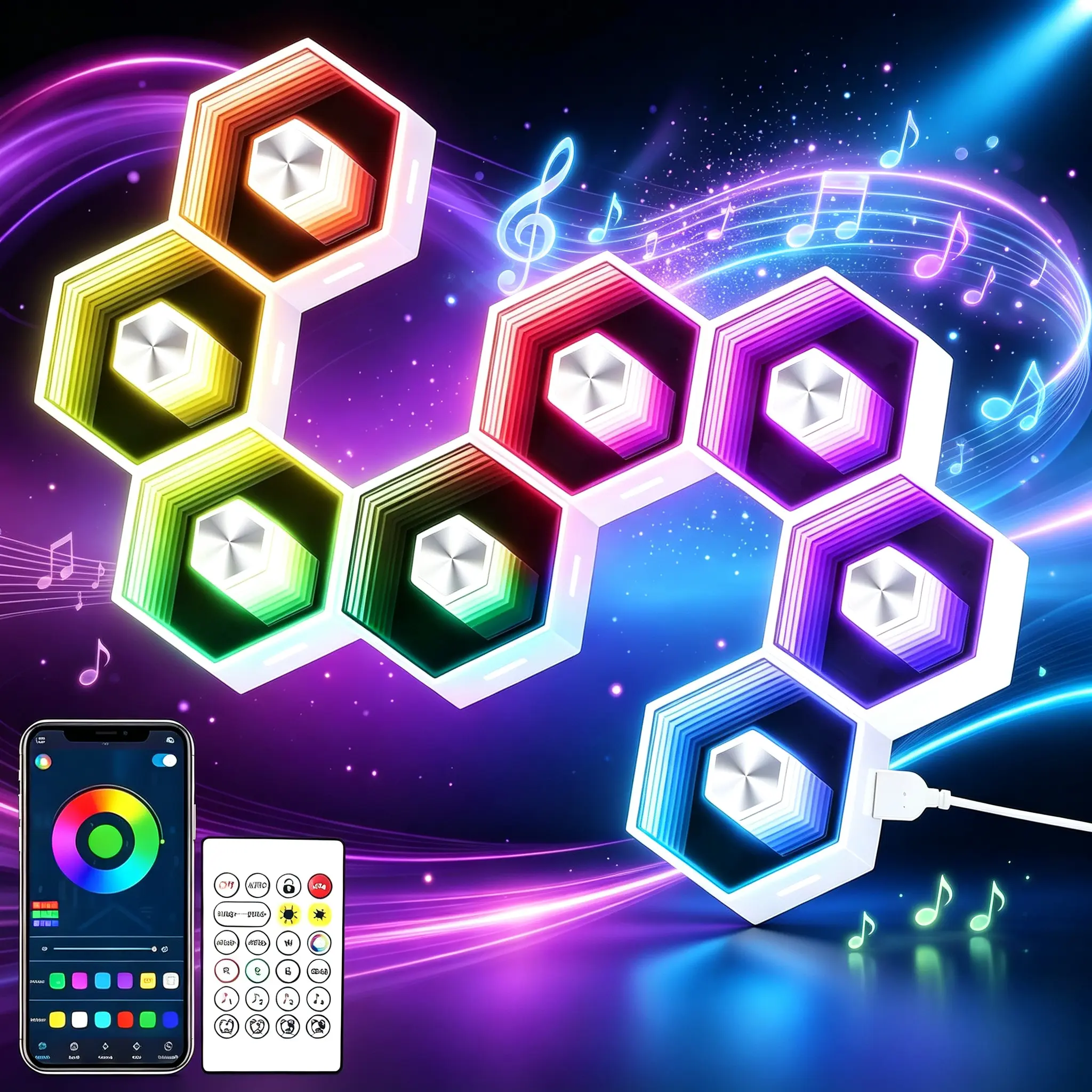 8-Pack Honeycomb Hexagon RGB Gaming LED Mood Lights, Smart App Control, Remote Control, Music Sync for Bedroom Gaming Decor