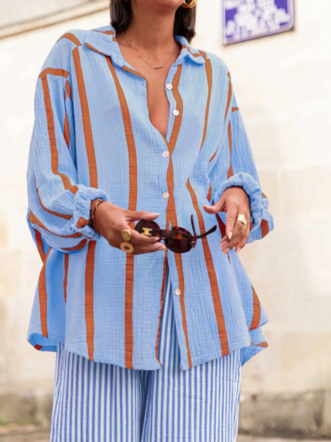 Elegant Aesthetic Loose-Fitting Striped Collared Long Sleeve Button Top Shirt Blouse Top for Women, Perfect for Work and Casual Daily Wear, Ideal for Valentine's Day and Spring Summer Seasons