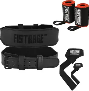 FISTRAGE Power Weight Lifting Leather Belt with FREE Wrist Straps for Tough Workouts Strong Lower Back & Lumbar Support Heavy-Duty Gym Training Belt