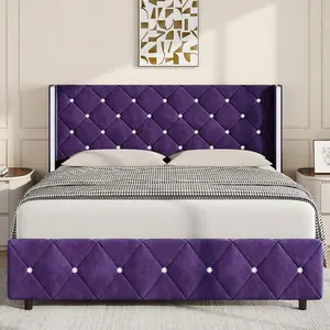 Bed Frame With Wingback  Diamond Tufted  & Footboard Velvet Upholstered Platform Bed Easy Assembly Twin Full Queen King Purple Blue Pink White Black Green Bedroom Furniture Kids Metal Plush Rocking Horse Chair headboard