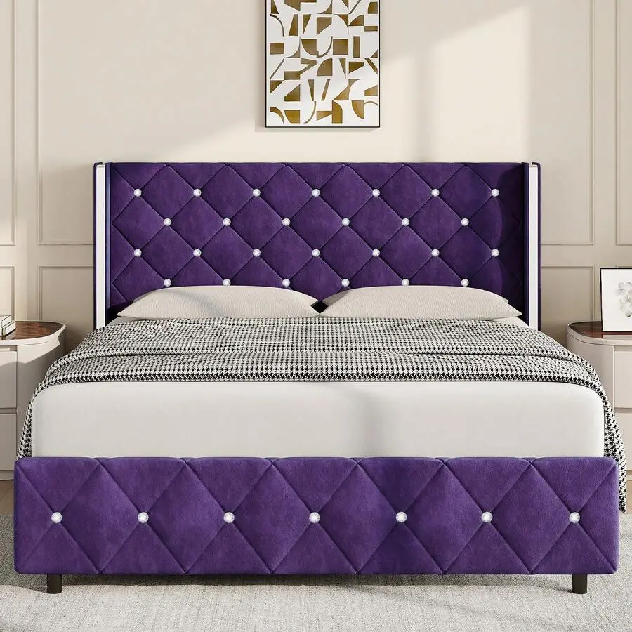 Bed Frame With Wingback Headboard Diamond Tufted Headboard & Footboard Velvet Upholstered Platform Bed Easy Assembly Twin Full Queen King Purple Blue Pink White Black Green Bedroom Furniture Kids Metal Plush Rocking Horse Chair, Full Size Bed, Queen Bed F
