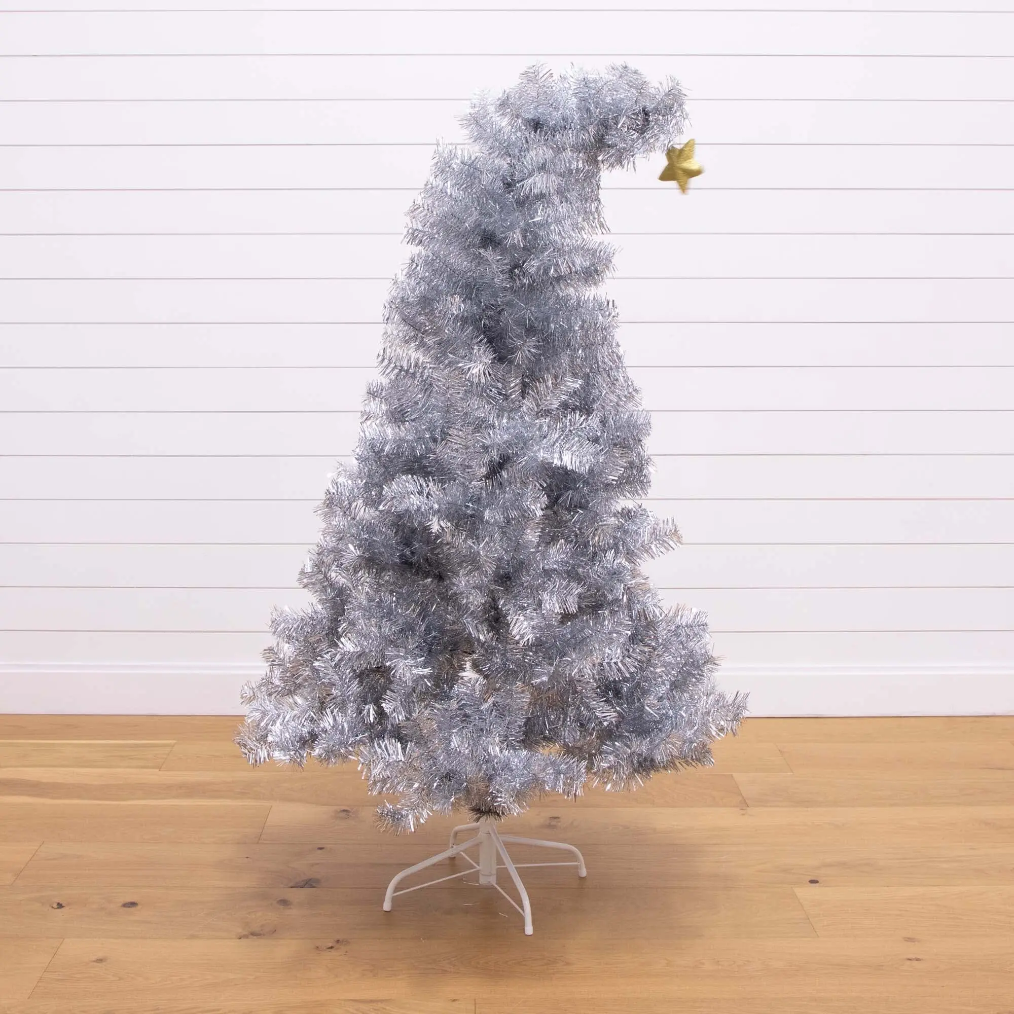 5' Standing Artificial Silver Tinsel Santa's Hat Christmas Tree with Star Topper & Bendable Limbs - Hollywood Glam Indoor Decor, Christmas Party & Watch Party Festive Home Supply