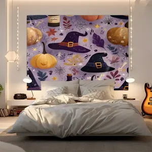 Pastel Purple Autumn Witch Print Tapestry, Cozy Spooky Themed Wall Hanging, Whimsical Gothic Tapestries, Premium Soft Tapestrys with Witch Hat, Pumpkin & Fall Leaf Accents, Ideal for Bedroom & Halloween Home Decor