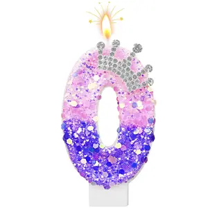 Birthday Number Candle for Cake, Pink Crown Princess Party Supplies, Soccer Theme Candles with Sequins for Girl and Boy(0-9)