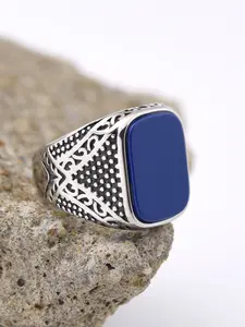 Vintage Men's Signet Ring 316L Stainless Steel Silver Color Blue Agate Square Stone Retro Carving Jewelry Gift