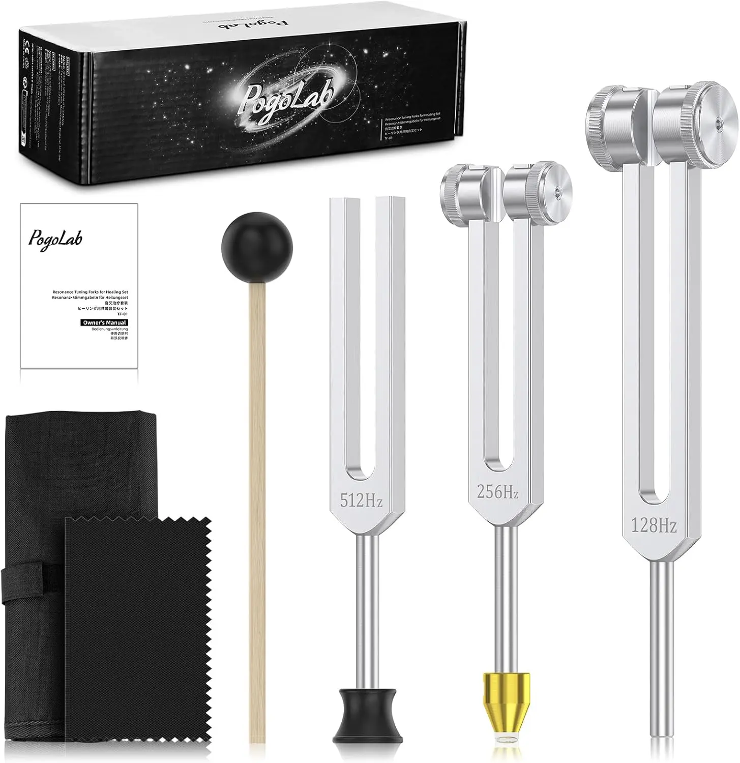 POGOLAB Tuning Forks for Healing Set (128Hz, 256Hz, 512Hz), Aluminum Alloy with Percussion Hammer Mallet, Crystal Base & Storage Pouch, Sound Therapy Instrument for Chakra/Yoga/Meditation,Gifts
