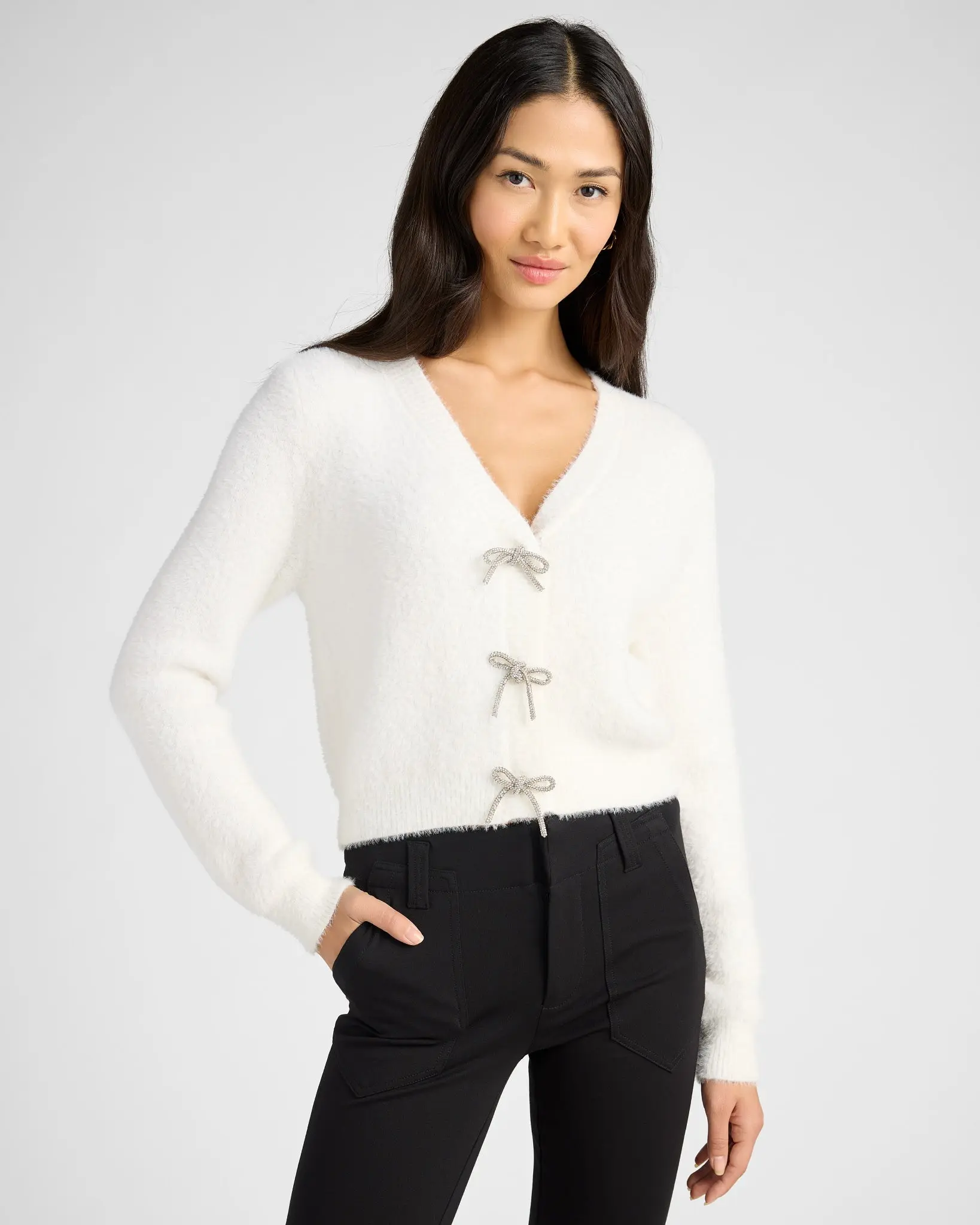 Women's Soft Fuzzy Knitwear Cardigan, Cropped V-Neck Top with Rhinestone Bow Details, Fit, Tops, Basic, Casual, Minimalist, Cropped Top
