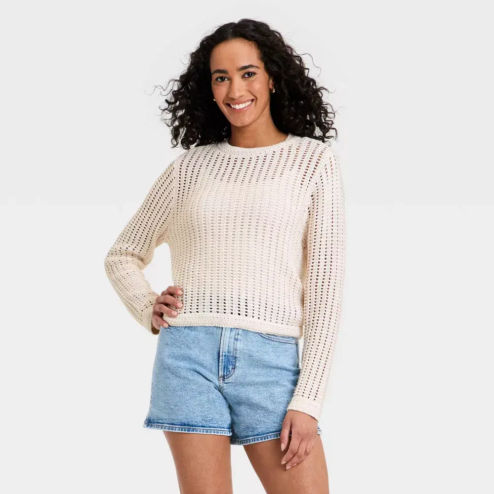 Universal Thread Women's Crochet Openwork Crewneck Knit Sweater Cream Long Sleeve Pullover Classic Fit 100% Cotton Ribbed Cuffs and Hem