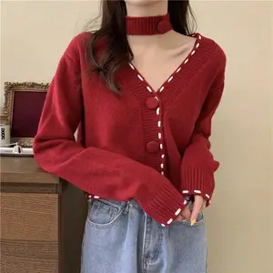 2025 Cardigan Women Purple Sweater Chic Korean Simple Solid Vintage All-match Knitted Fall Cropped New winter