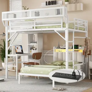 Bunk Bed with Desk, Full over Twin Size Metal Bunk Bed Frame with Desk & Bookshelves & Built-in Storage Shelves, Detachable Loft Bed with Slats & Guardrail, No Box Spring Required, Easy Assembly, for Bedroom, White