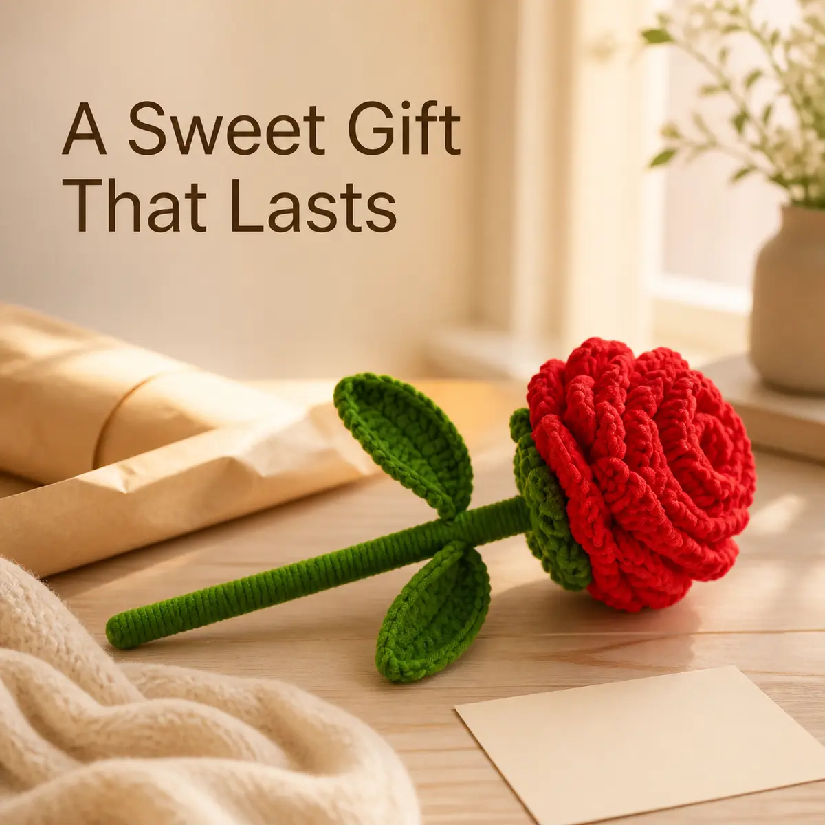 Handmade Crochet Rose Flower, Long Stem Knit Rose Gift for Birthday, Anniversary, Valentine’s Day, Mother’s Day, Christmas, Handmade Flower Gift