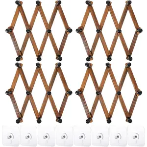4 count Accordion Wall Hanger, Expandable Coat Rack Wooden Hat Rack Including 10 Peg Hooks, X Shape Wall Mount Hat Holder for Hats Coat Scarf Jackets Purses