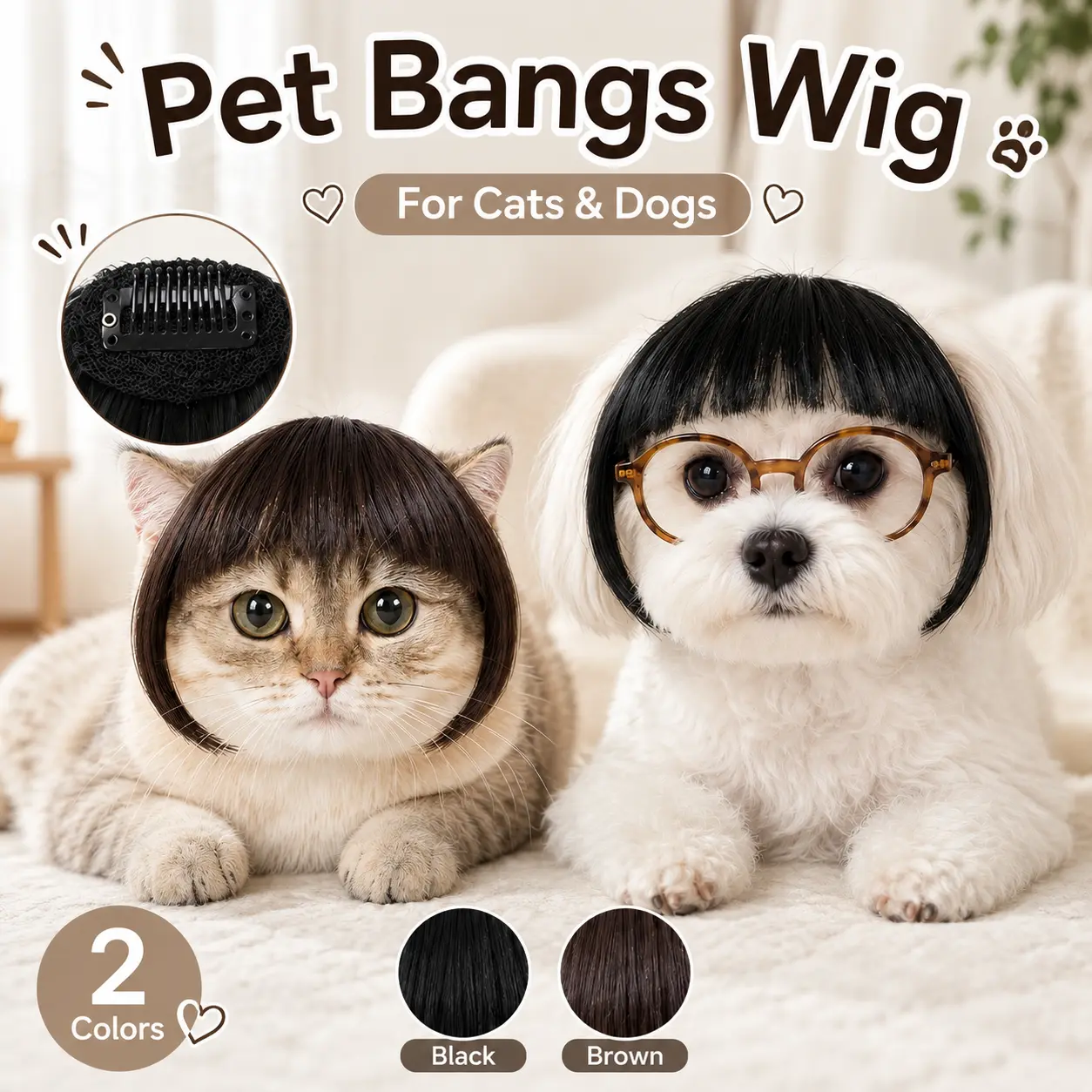 Pet Fringe Wig - Chemical Fiber Clip-On Wig for Cats & Dogs, Quick-Wear Hairpiece with Bangs Cut (Black/Brown), Funny Look Accessory for Parties, Photos & Videos, Cosplay Costume Upgrade, Brown Bangs