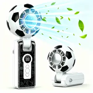Soccer-shaped portable handheld fan, rechargeable mini personal fan with five wind speeds, equipped with a digital display, LED light, and a 120° foldable design, featuring a 3600mAh battery that supports fast charging via Type-C, offering10 hours desktop
