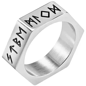 OIDEA Men's Viking Rune Hexagon Ring - Stainless Steel Norse Geometric Signet Ring, Geometric-Shaped, Solid Metal, Steel, Dark Gothic, Metal Alloy Biker Amulet Jewelry, Geometric-Shaped Rings, Solid Metal Rings