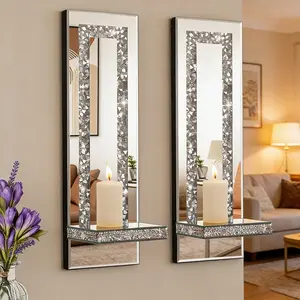 Nordic Wall Hanging Storage Mirror, Diamond Glass Organizer with Candlestick, Modern Luxury Wall Decor for Home, Living Room, Bedroom, Entryway