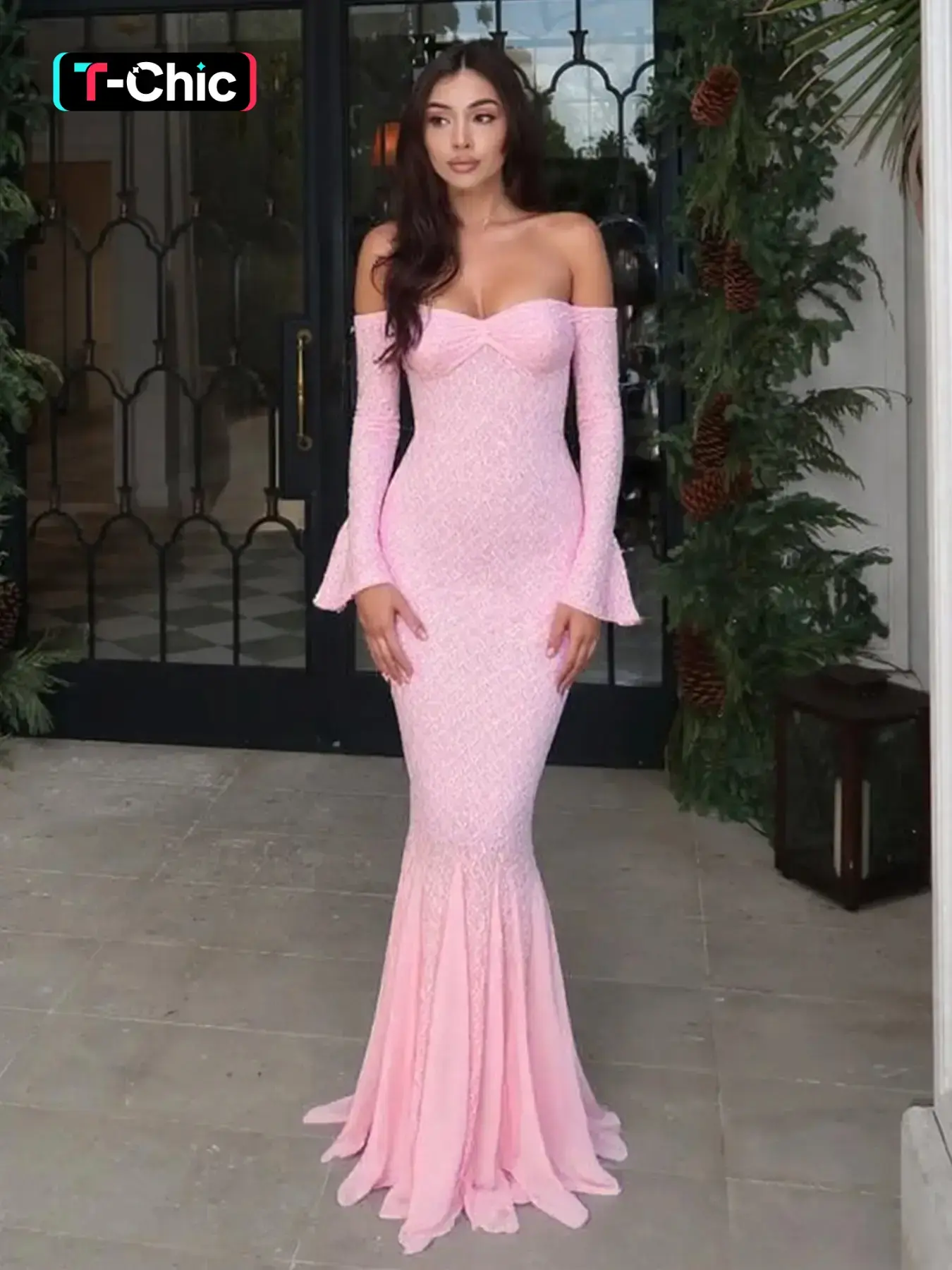 Women's Solid Color Lace Long Sleeve Dress, Chic Elegant Formal Style Classy Flattering Off the Shoulder Dress for Party Club Dating Formal Wear, Ladies Spring & Fall Clothes Womenswear