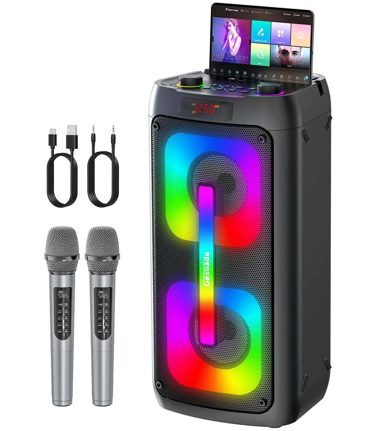 Portable Karaoke Machine with 2 Wireless Microphones - Rechargeable Bluetooth 5.3 PA Audio Sound System, LED Lights, Handle, USB Type-C, USB, AUX, TF, TWS Support for Mobile & Other Devices, Indoor & Outdoor Use