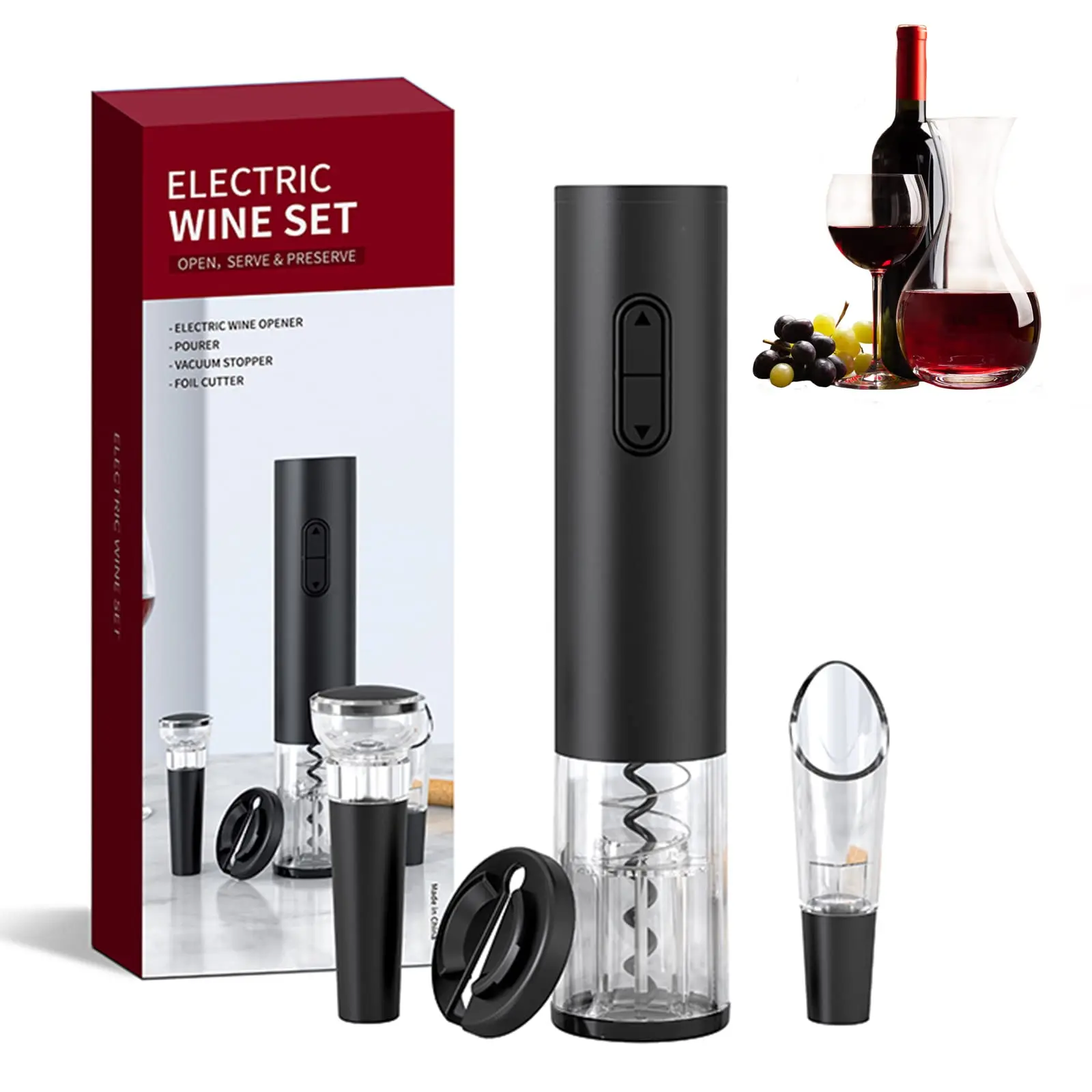 Electric Wine Opener Set  Operated Bottle With Foil Pourer And Vacuum Stopper Automatic Corkscrews For Bottles Kit Christmas Gift Home Kitchen Bar