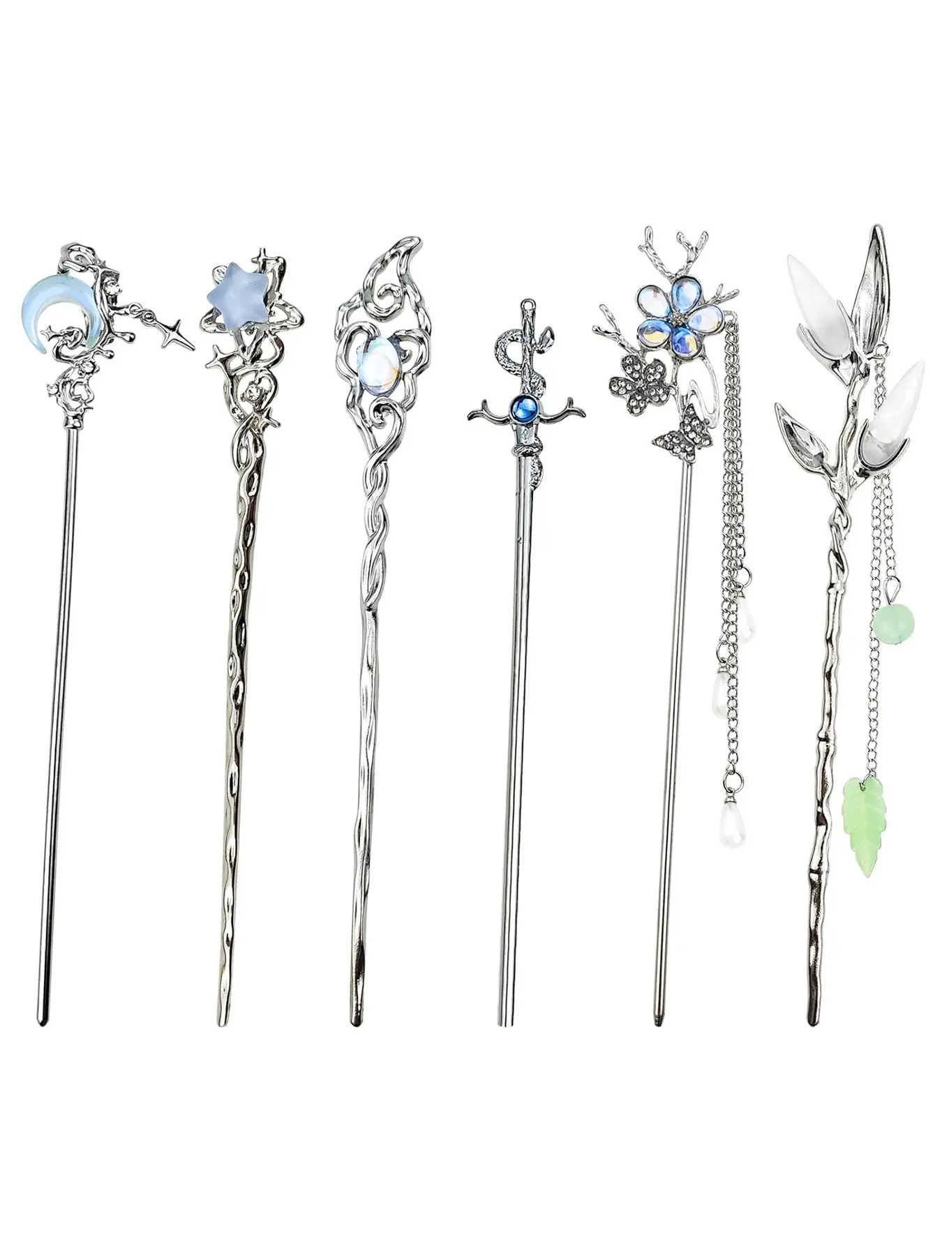 6PCS Star Moon Hair Sticks for Buns Long Hair Chinese Hanfu Asian Vintage Hair Chopsticks Metal Silver Hair Bun Updo Hair Accessories Holders Long Hairpins for Women Girls Fashion Hair Accessories