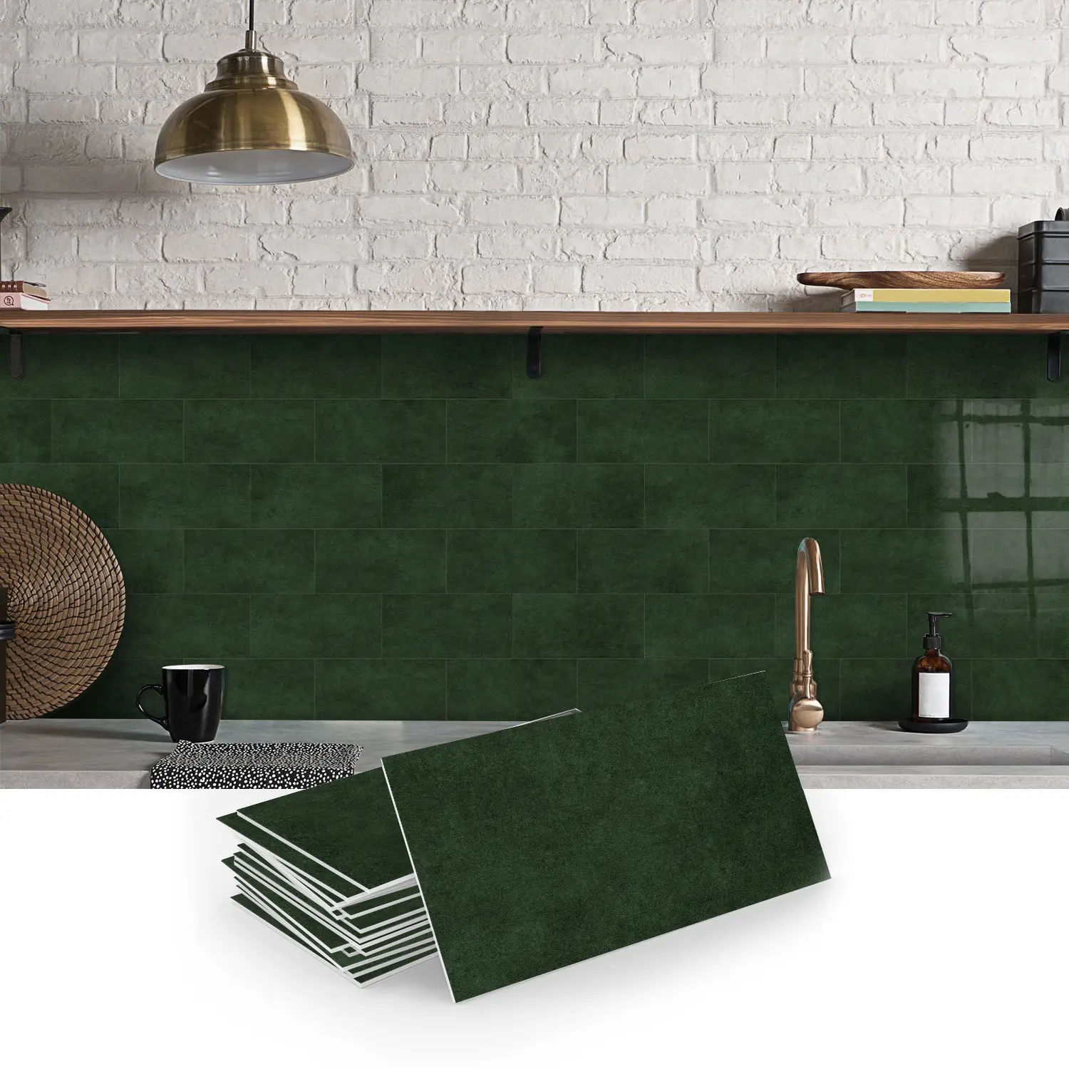 16/32/64PCS/Box SJM 3D Matte Dark Green Decorative Tile Stickers Waterproof Durable Sticker | PE Foam Thickened Crystal Film Waterproof Wall Decal | Perfect for DIY Kitchen/Bathroom/Laundry Room/Camper/Fireplace Wall Decor