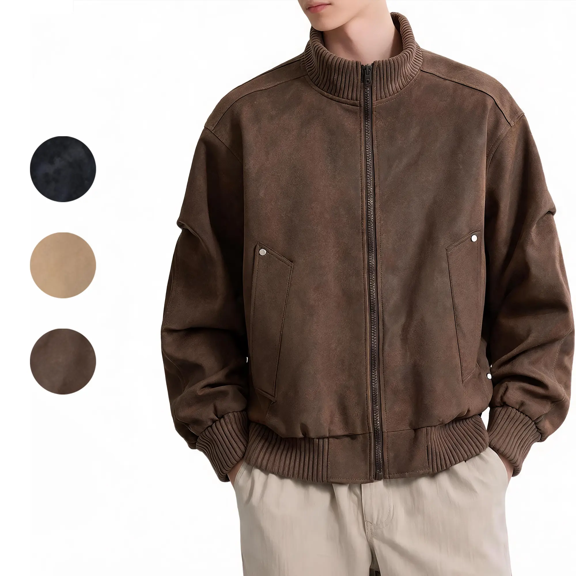 NELEUS Men's Vintage Matte Gradient Tie-Dye PU Biker Jacket - Menswear Casual Tops with Ribbed Stand Collar, Soft Elastic Baseball-Style Outerwear