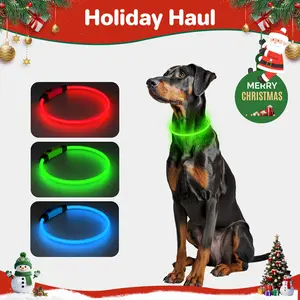 LED Dog Collar with Super Bright Light, Adjustable & Rechargeable - 3 Flash Modes for Night Walking/Jogging/Camping, Fits Small to Large Pets
