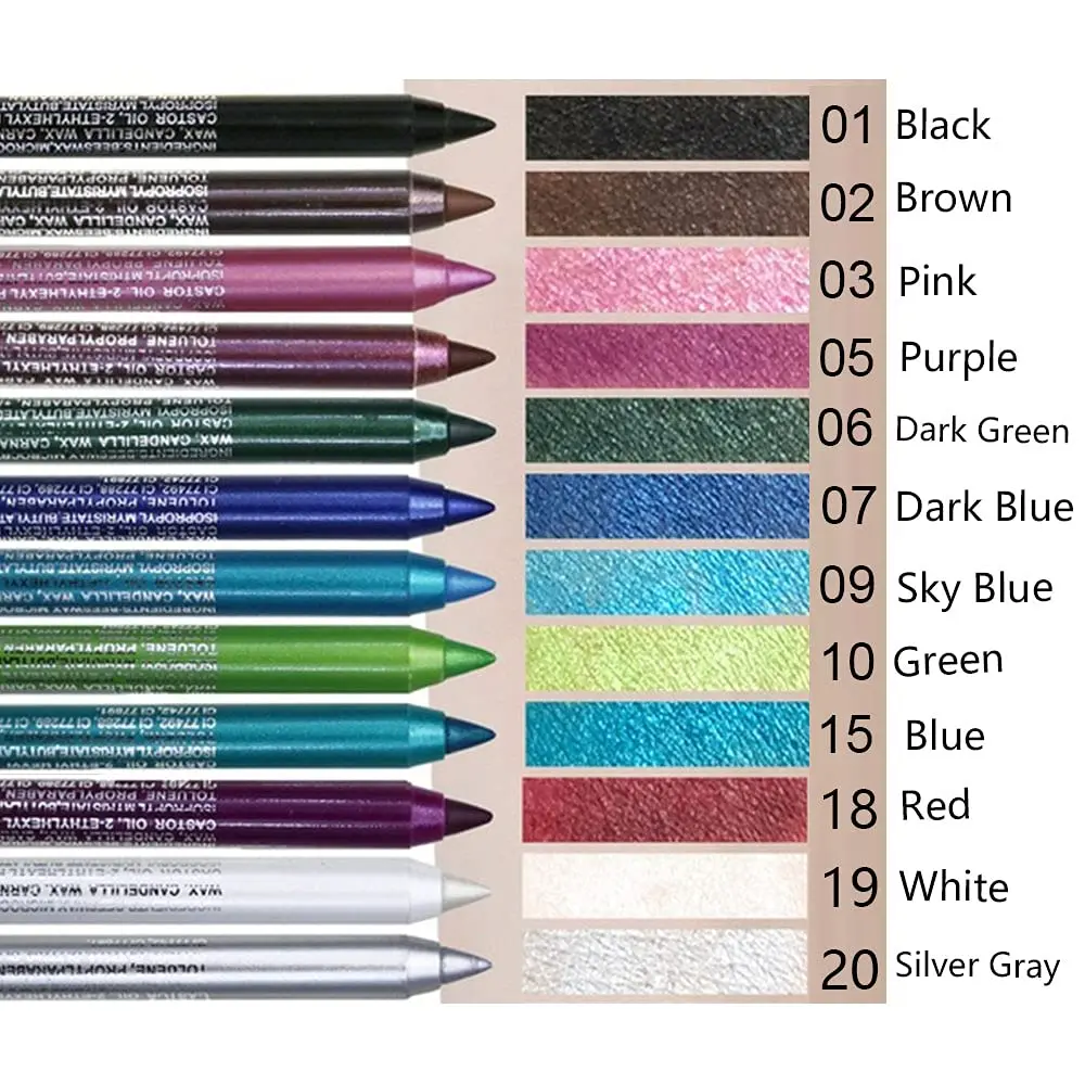 12 count Gel Glitter Eyeliner Pencils Set – Waterproof, Smudge-Proof Eye Liners for Waterline in Green, Blue, White, Black, Brown, Purple – Long-Lasting Makeup for Women
