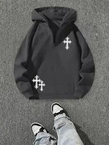 Men's Half-Zip Hoodie with Cross Print Design, Unique Half-Zip Hooded Style, Easy Wear and Adjustable Collar, Fall & Winter Fashion