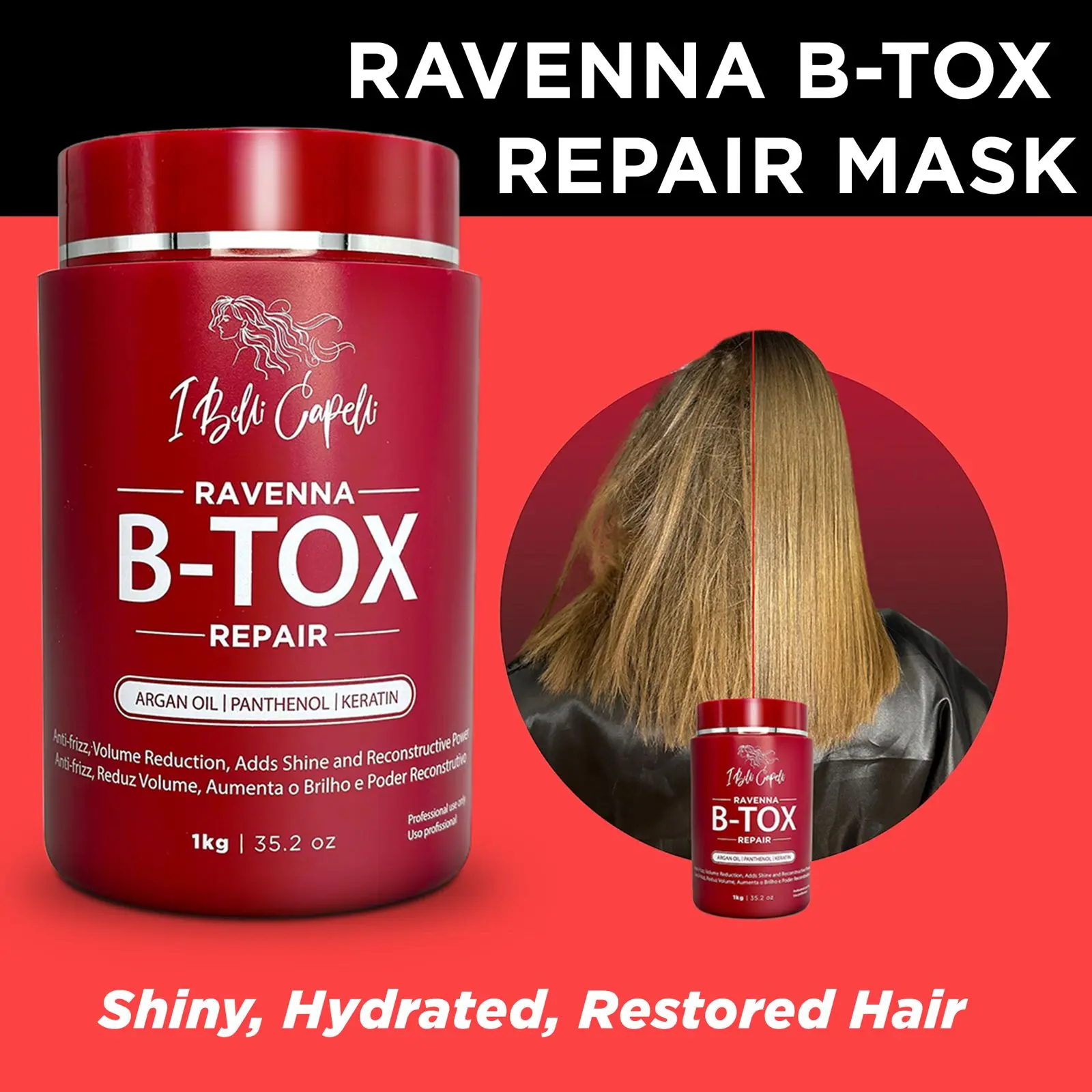 I Belli Capelli Ravenna B-tox Repair Hair Mask with Keratin, Argan Oil, Biotin - Nourishing Anti-Frizz Haircare Product, Hair Strengthener Treatment, 1kg/35.02 oz, Hair Masks