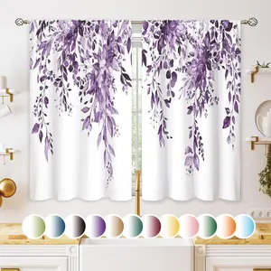 Purple Floral Eucalyptus Botanical Leaf Curtains, 27.5x39 in Vintage Floral Tier Drapes for Farmhouse Kitchen Window Over Sink & Bathroom Small Window Treatment, Purple Curtains, Floral Curtains