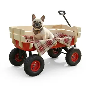 Heavy duty outdoor pet sport wagon with wooden side panels and all terrain air tires foldable dog stroller cart for large senior pets travel