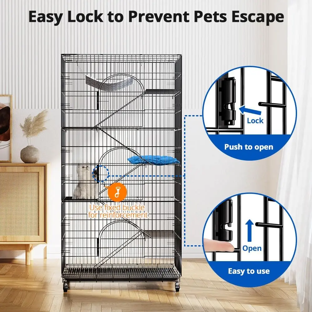 PawGiant 6-Tier Large Steel Wire Escape-Proof Kennel Cat Cage Playpen - 72-in Collapsible Modern Indoor/Outdoor Enclosure with 3 Doors, Hammock, Mat for Cats