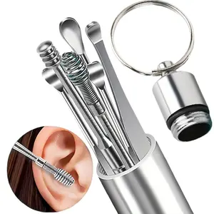 Portable Stainless Steel Ear Care Set, Cylinder Keychain Holder, Ear Pick Tool Kit, 6-Piece Portable Cleaning Tools