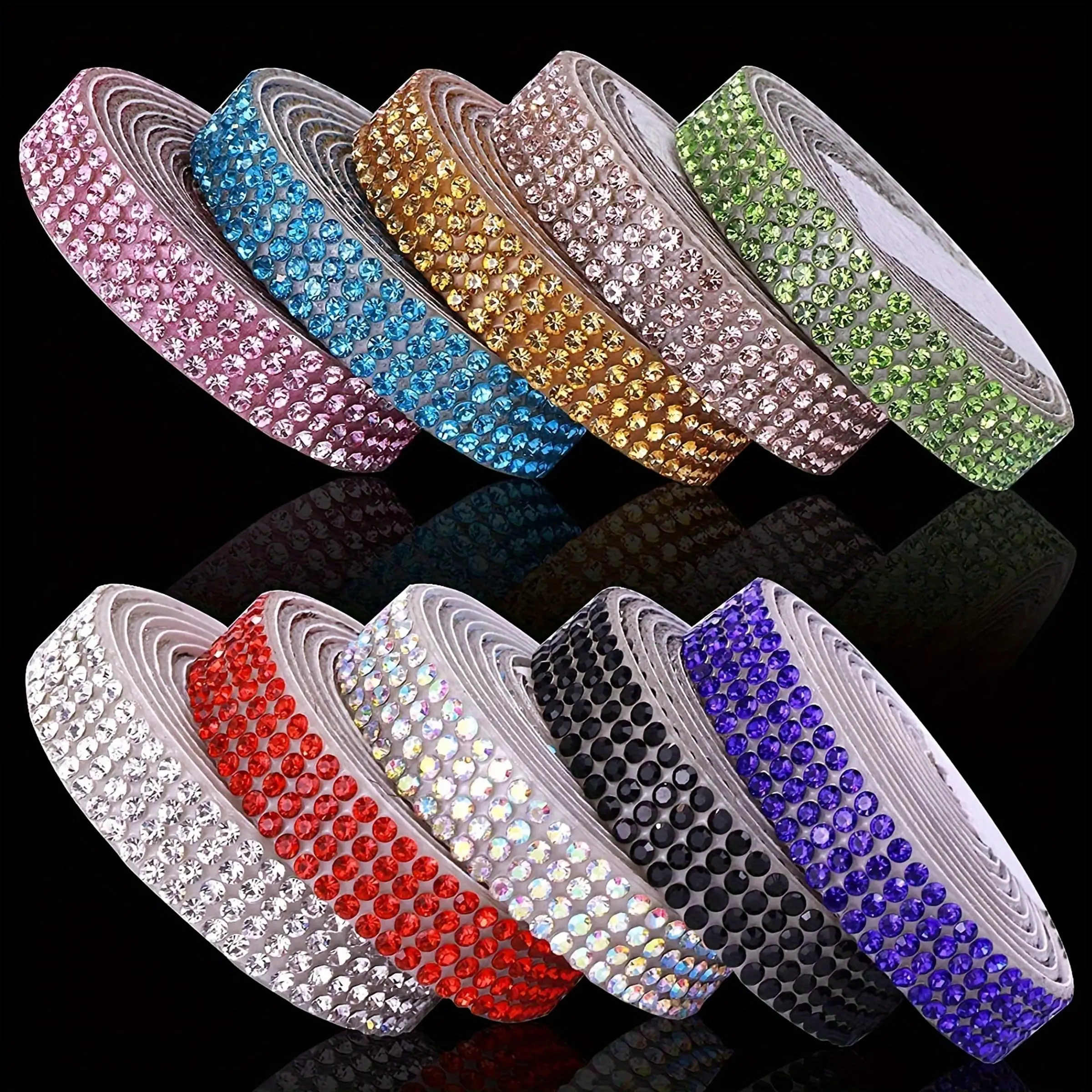 Rhinestone Ribbon, Ribbon Design, 10pcs Self-adhesive Sparkling Rhinestone Ribbon, Colorful Rhinestone Ribbon for DIY Crafts, Wedding Decoration, Car & Mobile Phone Decoration Glitter Trim Ribbon