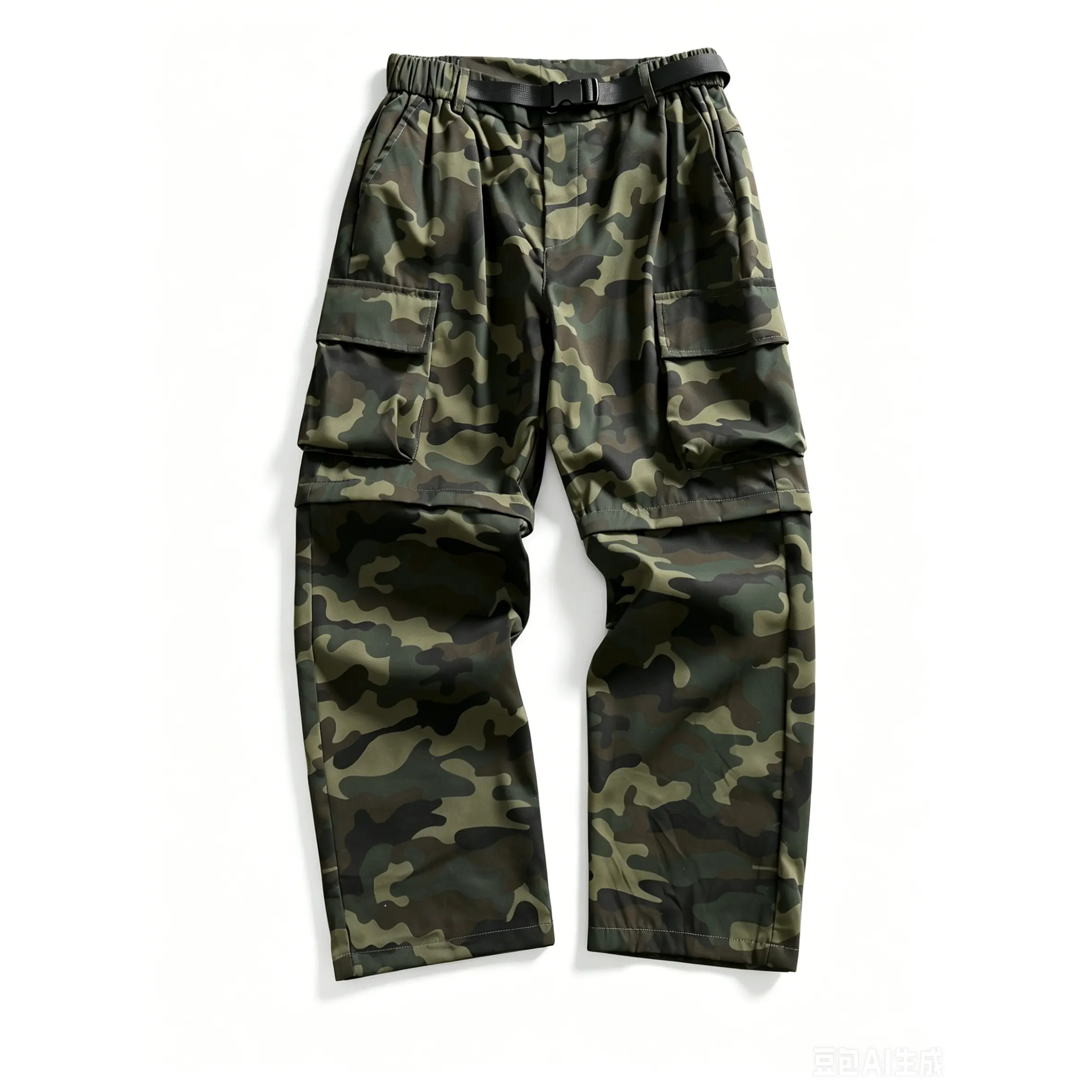 Men's Camouflage Print Oversized 2-in-1 Zip-Off Convertible Cargo Pants - Quick-Dry Thick Woven Fabric, Detachable Legs, Basic Belt, Pockets, Zippers, Tear-Proof, for Hiking, Workwear, Casual Wear; Pair with Hoodie, Sneakers, Tee