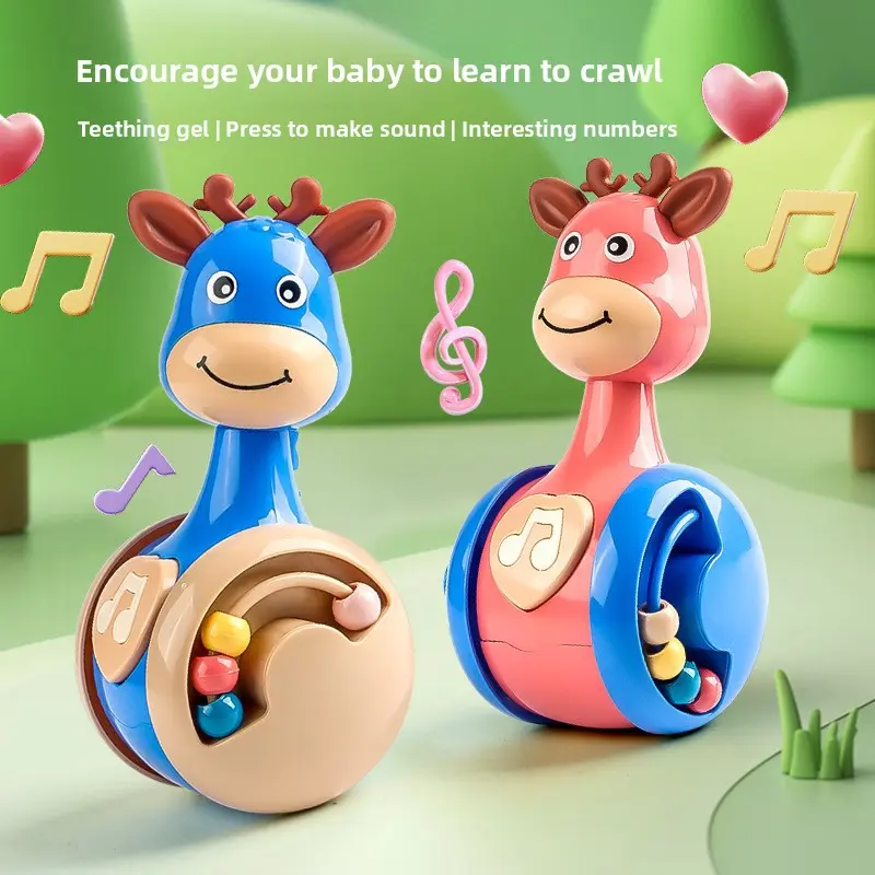 Unisex Plastic Dual-Sided Animal Shape Crawling Toy - Deer-Dinosaur Design, Gel Teethers, Sound Button, Sliding Roly-Poly, Numbers, Motor Skills Development Educational Tool for Parents, 0-3 Years Kids' Soothing Entertainment