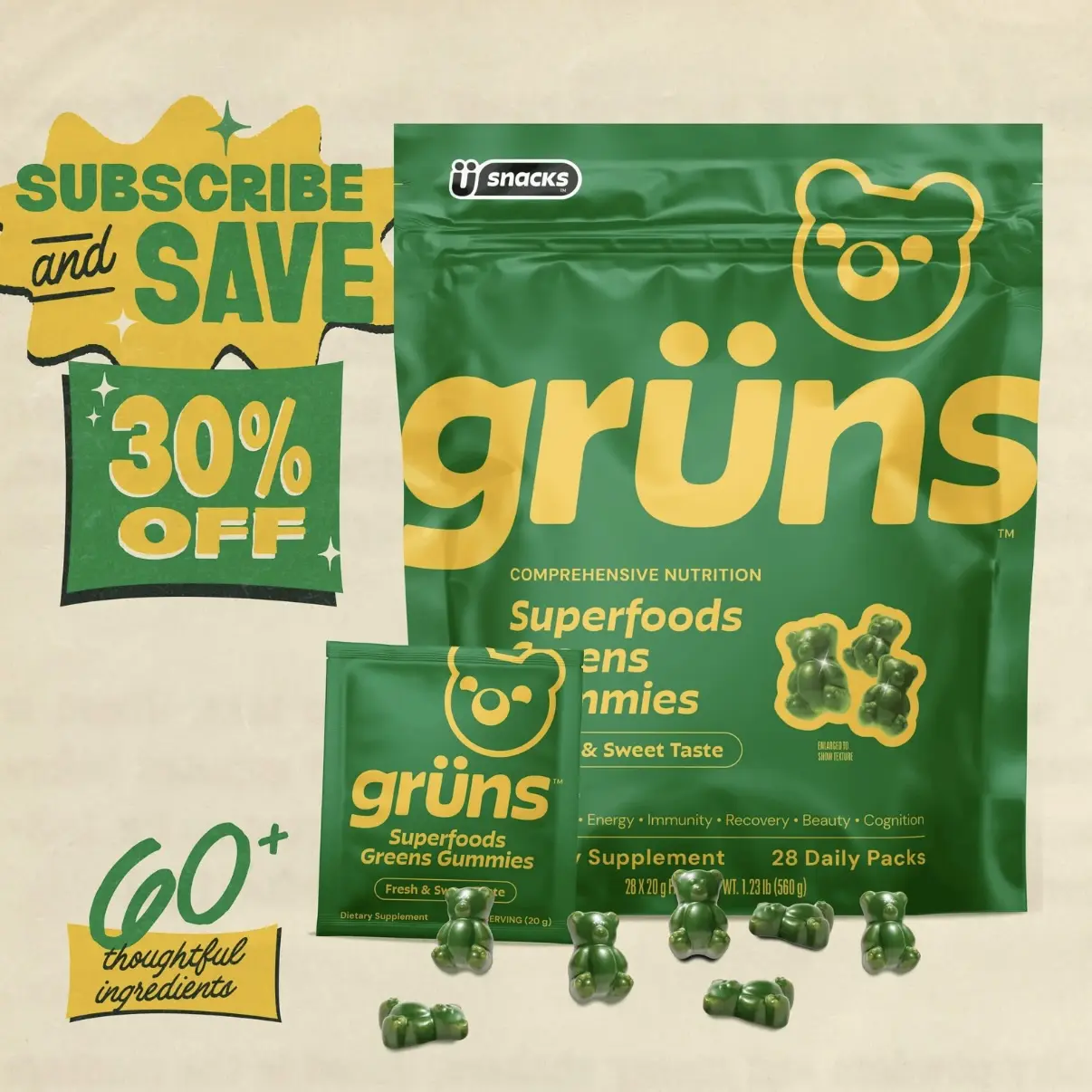 Grüns Superfood Greens Gummies ( 2 pack ): 21+ Vitamins and Minerals, Prebiotics for Digestive Health, Adaptogens. Nutritional Edible Dietary