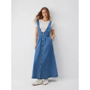 Cider Washed Denim Pinafore Maxi Dress With Metal Detail