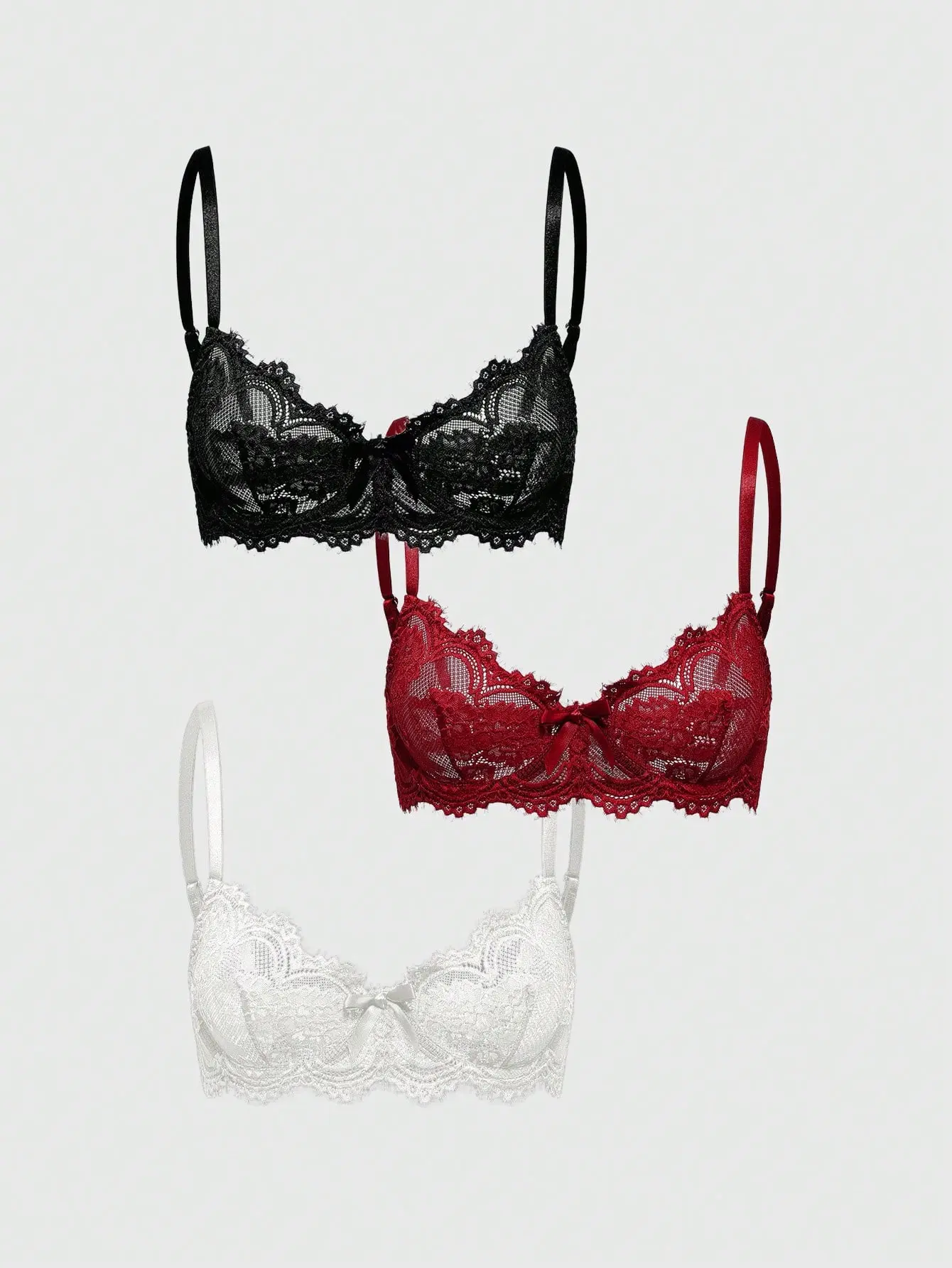 MAB 3pcs Set Casual Everyday Lace Trim Underwire Bra Lingerie Sexy Intimates Bra Panty Set Sleepwear