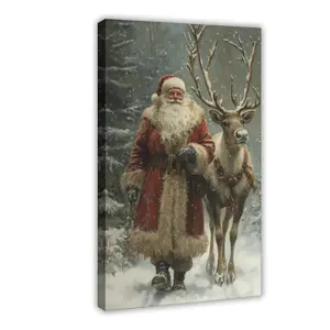Vintage Santa Claus And Reindeer Canvas Poster, Classic Christmas Wall Art with Snowy Forest Scene, Cozy Decor for Winter Homes