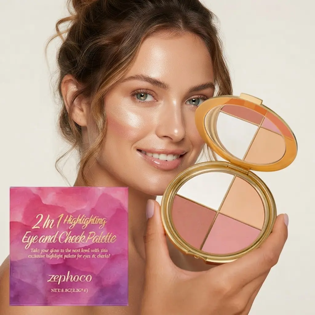 4-in-1 Live Cosmetic Facial Powder Brightening Face Palette -Brush-Inclusive, 4 Shades, Flawless BrighteningHighlighter, Blush, Eyeshadow, Ultra-Pigmented Blendable Formula - For Makeup Beginners, On-The-Go Use