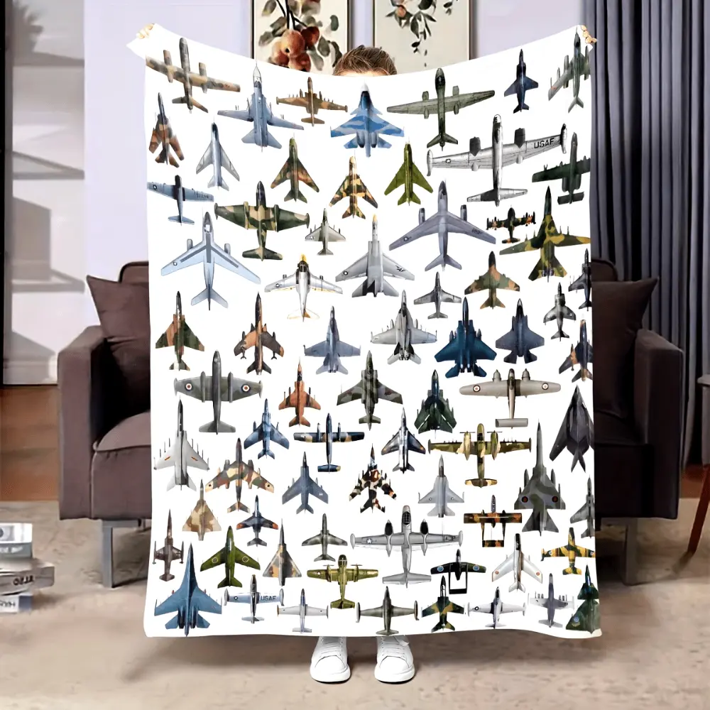 Military Aircraft Blanket, Soft Flannel Throw Blanket with Fighter Jet Airplane Print, Cozy Gift for Boys Men Kids Teens and Aviation Lovers, Plane Lover Blanket for Bed Couch Sofa Dorm, Lightweight Warm Throw for Movie Night