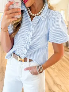 1 Striped Ruffle Trim Blouse Women | Puff Sleeve Collared Button Down Shirt | Preppy Office Outfit | Casual Brunch Wear | Casual Elegant Classy