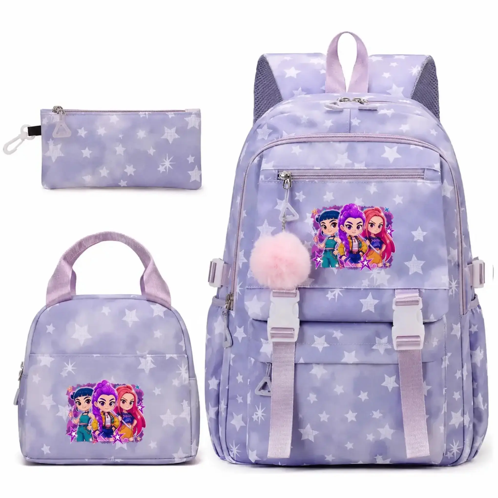 K-Pop Inspired 3-Piece School Backpack Set for Girls Teens, Back to School Pink Star Backpack with Lunch Bag Pencil Pouch, 15.6in Laptop Bag, Cute Cartoon Anime Style Shoulder Bag for Girls, Back to School Travel Birthday Gift