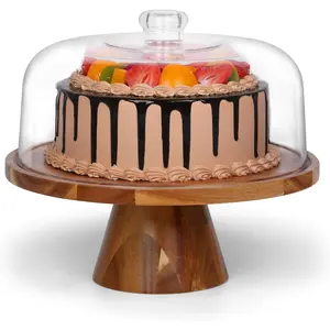 Acacia  Cake Stand with Clear  Lid Dome Cover, 12in Cake Plate with Dome, Cake Display Stand with Cover, Cake Holder for Baking Gifts, Birthday Kitchen Party, Wedding