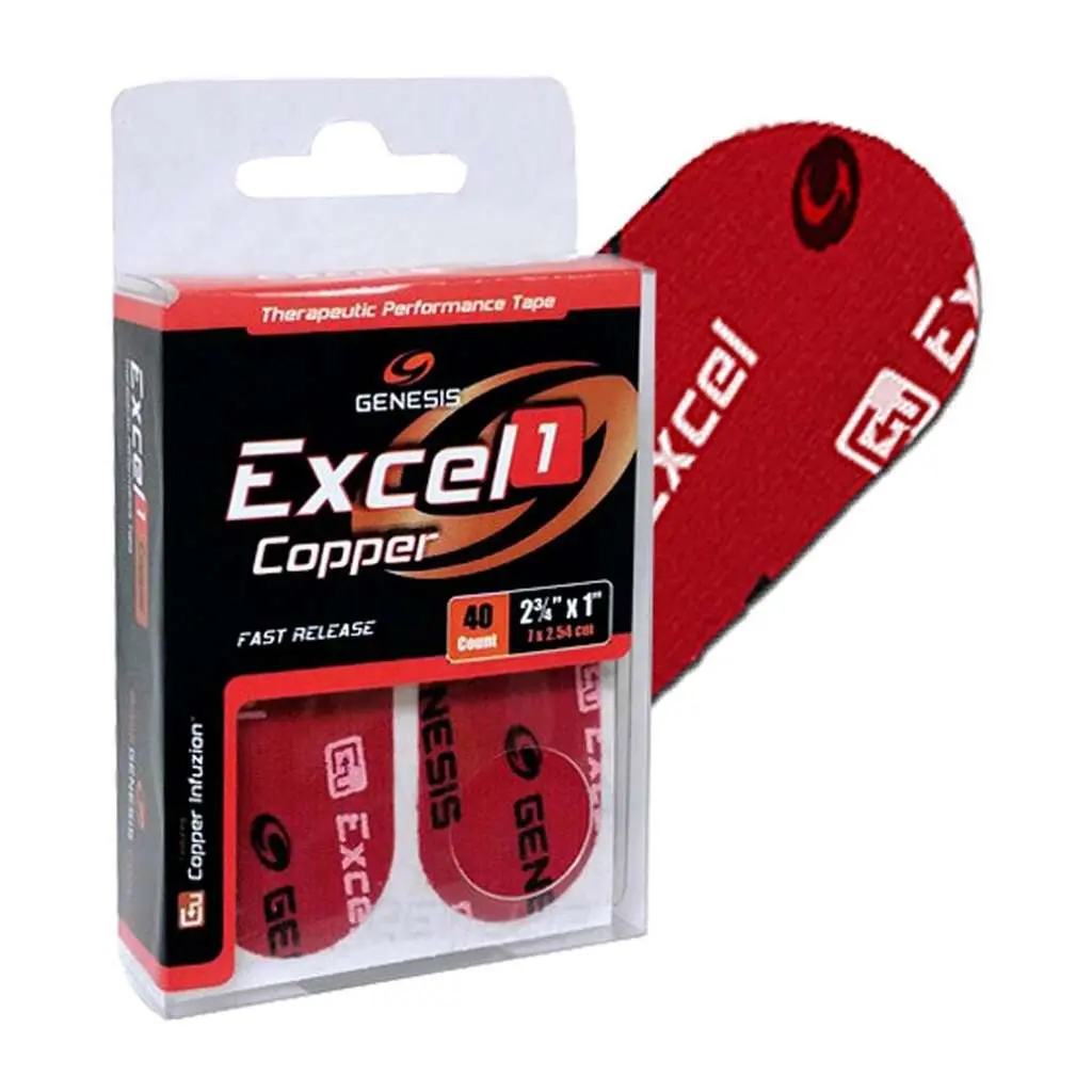 Genesis Excel Copper Performance Tape - Thin Red Synthetic Kinesiology Sports Tape for Protection, Fit & Fast Release - 40 Count, Elastic Athletic Tape, Superior Protection