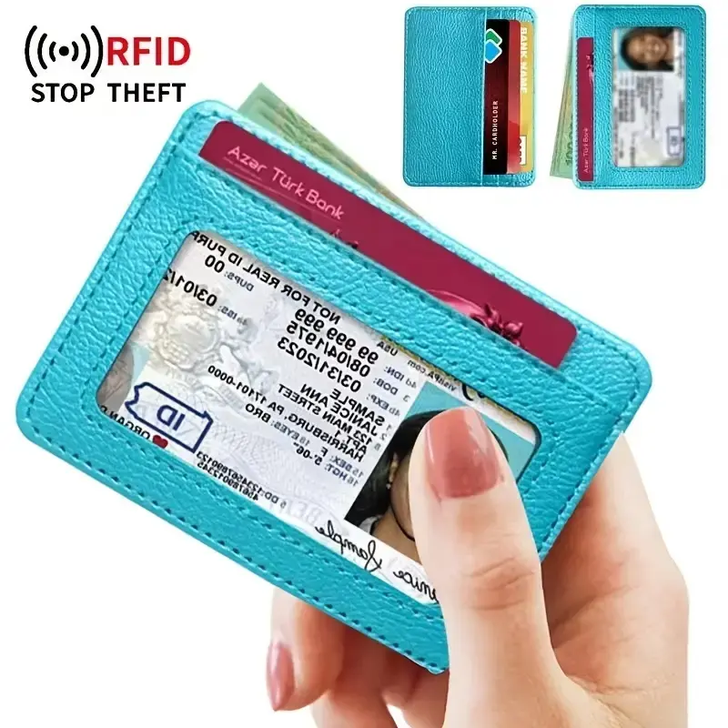 Ultra-thin RFID Protection Card Holder - Everyday Bank Card/ID Card Storage Holder, PU Leather Ultra-thin, Scratch-resistant, Simple Solid Color Mini Card Holder Wallet, Compact Card Holder with 5 Slots and ID Viewing Window