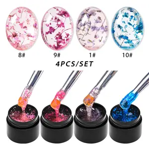 4pcs Flower Fairy High Quality Gel Nail Polish Set, Transparent Background with Real Dried Flowers, Soak off LED Gel, UV Light Gel, Spring Summer Nail Art, Gel Manicure